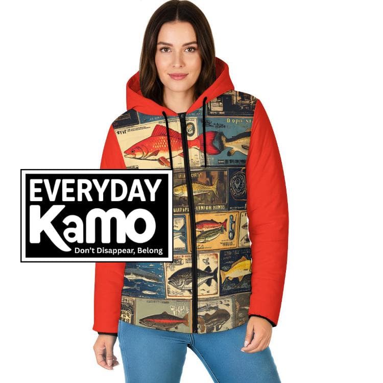 Vintage Fish Print Puffer Jacket – Women's Hooded Winter Coat