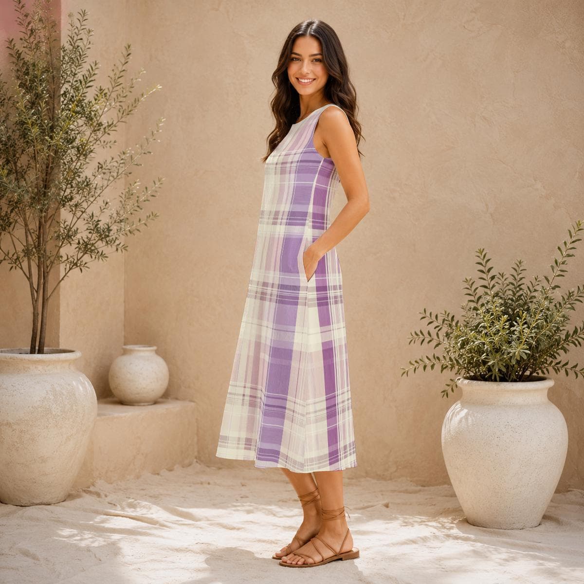 Purple Plaid Sleeveless Midi Dress, Cotton Slub A-Line Summer Sundress, Lightweight Textured Casual Maxi