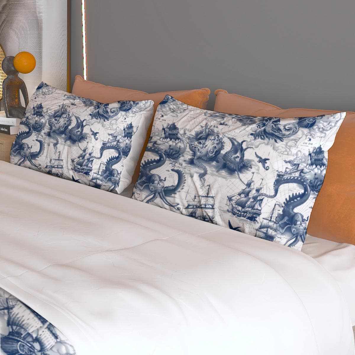 Nautical Sea Monster Duvet Cover Set - Vintage Pirate Ship & Kraken Bedding