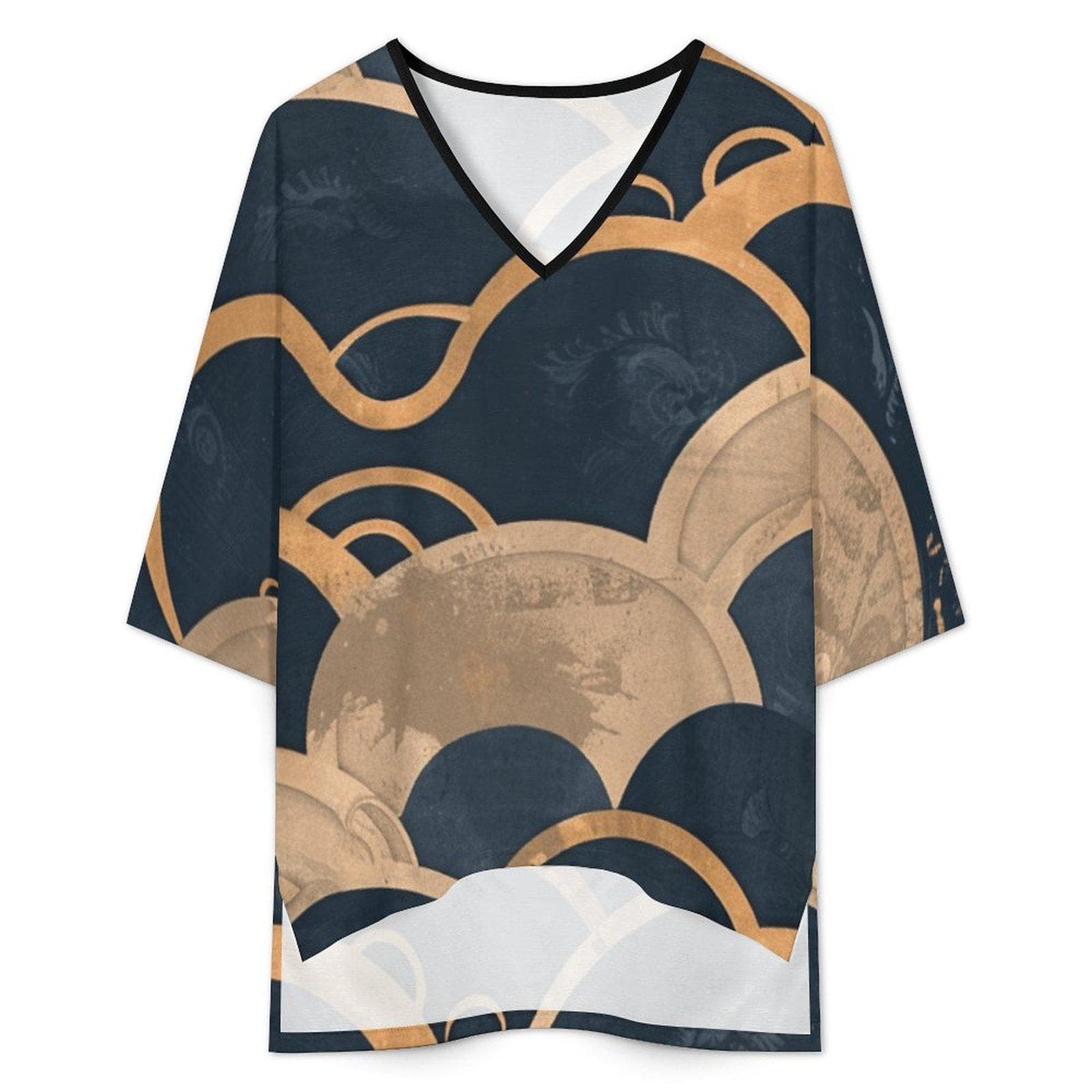 Chic Mediterranean V-Neck Slub Linen Shorts Set | Abstract Geometric Batwing Loungewear