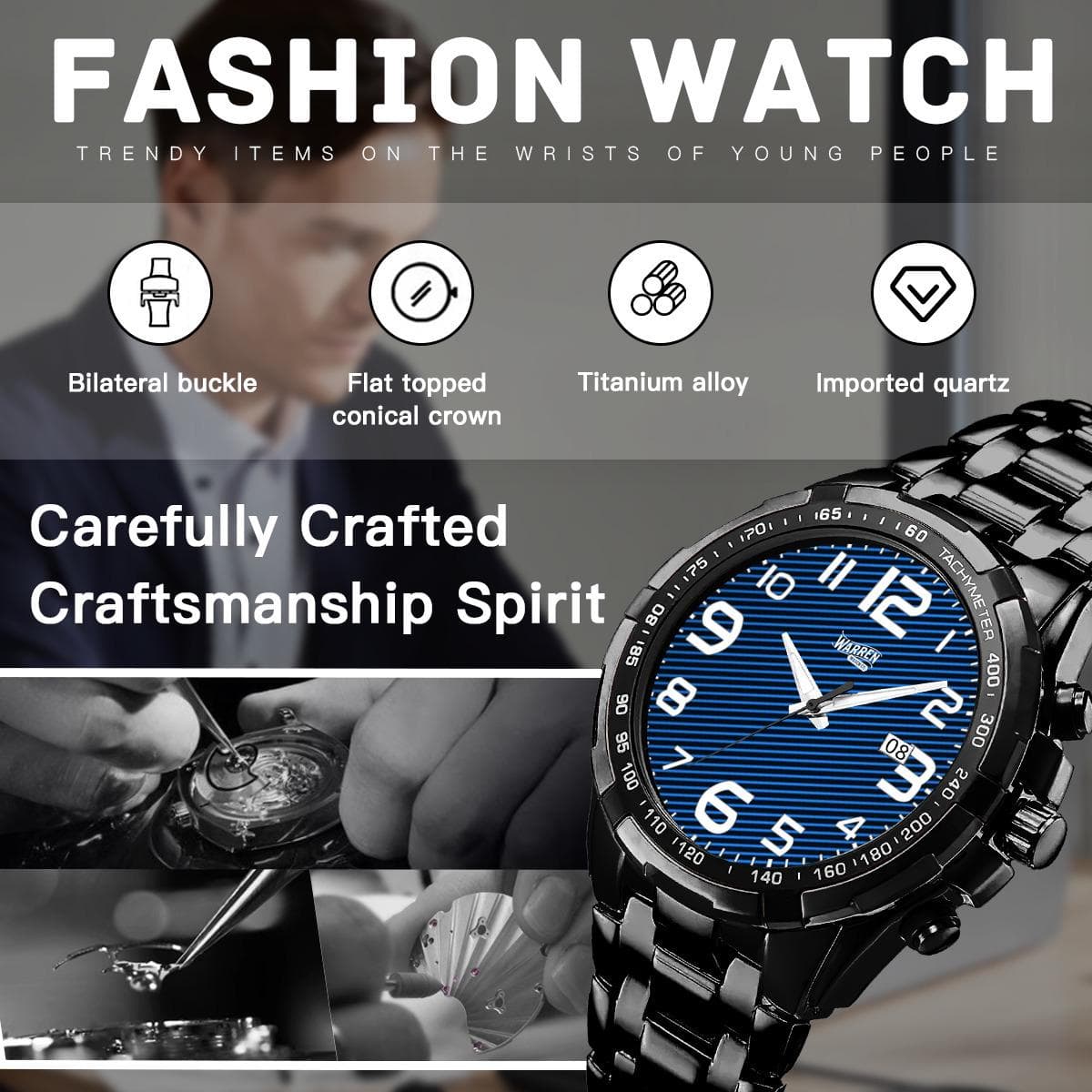 Warren Watch Co. Nautical Precision Metal Chronograph Watch - Men's Blue Dial, Stainless Steel Band
