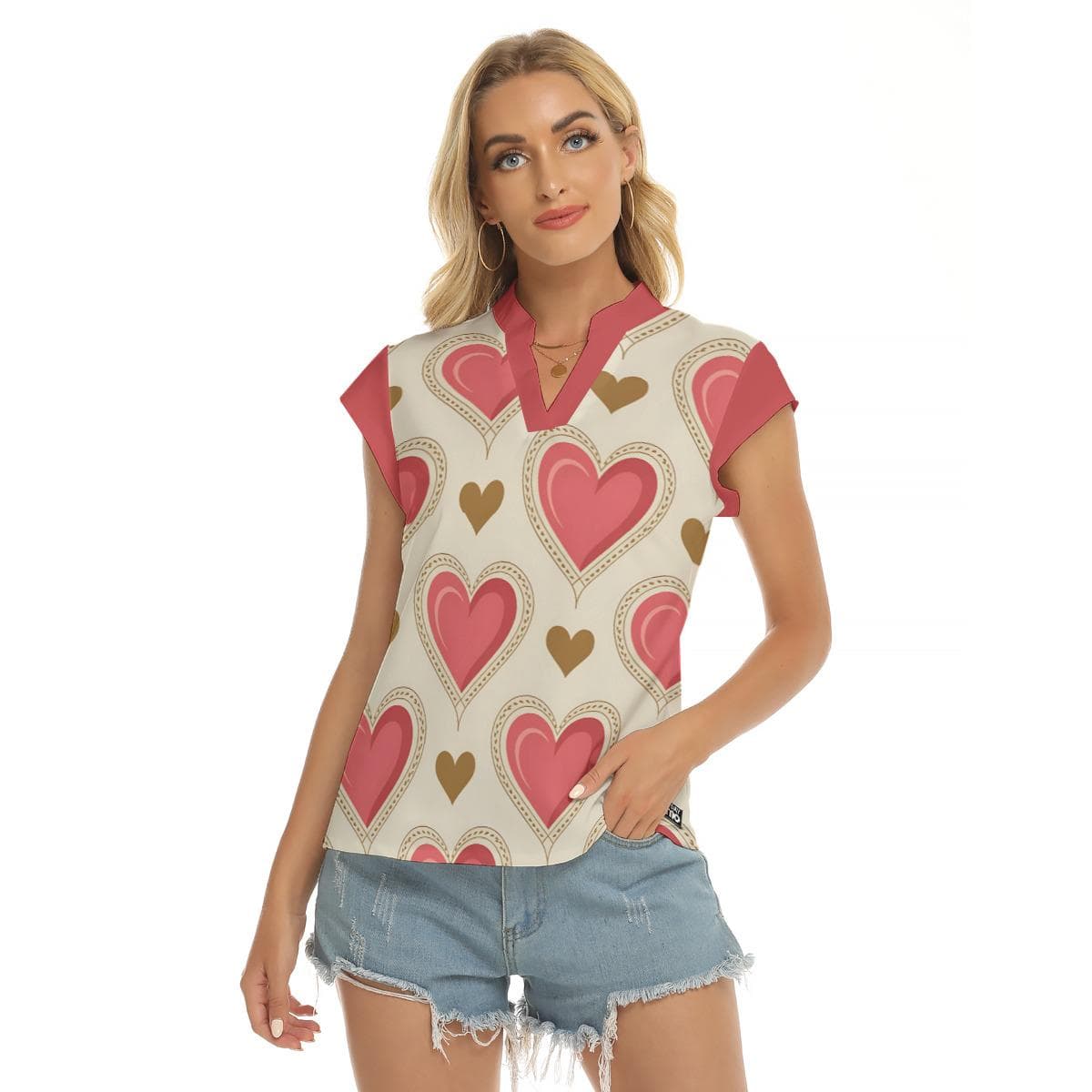 Charming Heart Print V-Neck Top | Women's Short Sleeve Love Blouse | Everyday Romantic Tee
