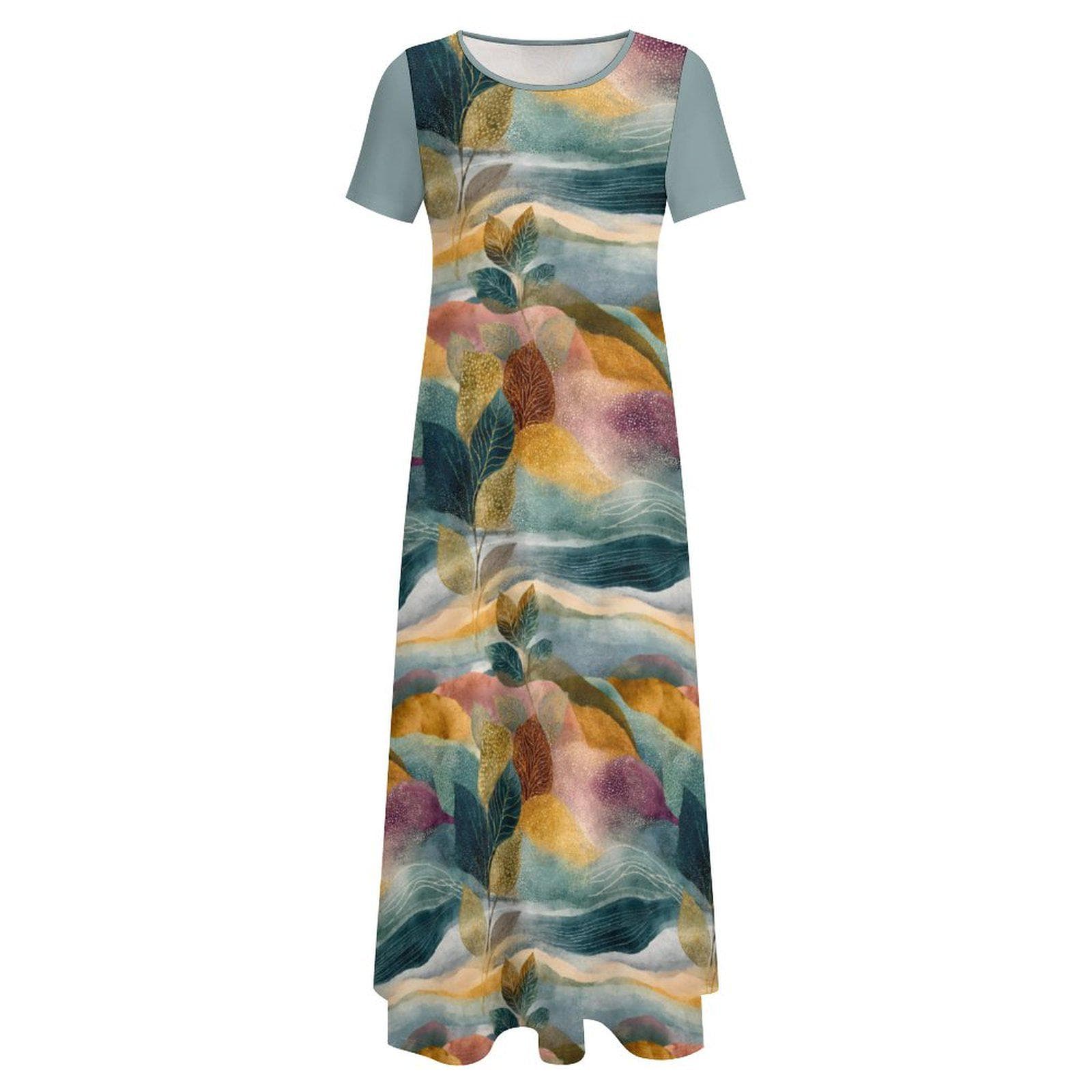 Watercolor Wanderlust Maxi Dress - Abstract Leaf Print Flowy Casual Gown - Comfortable Everyday Summer Dress