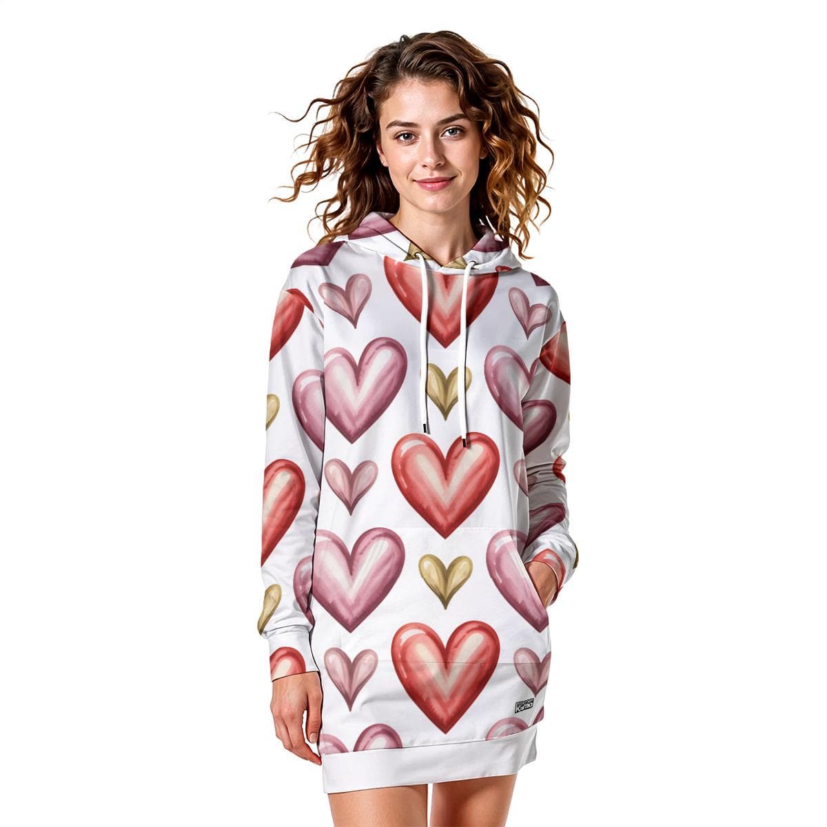 Cozy Heart Pattern Hoodie Dress | Fur-Lined Pullover with Kangaroo Pocket
