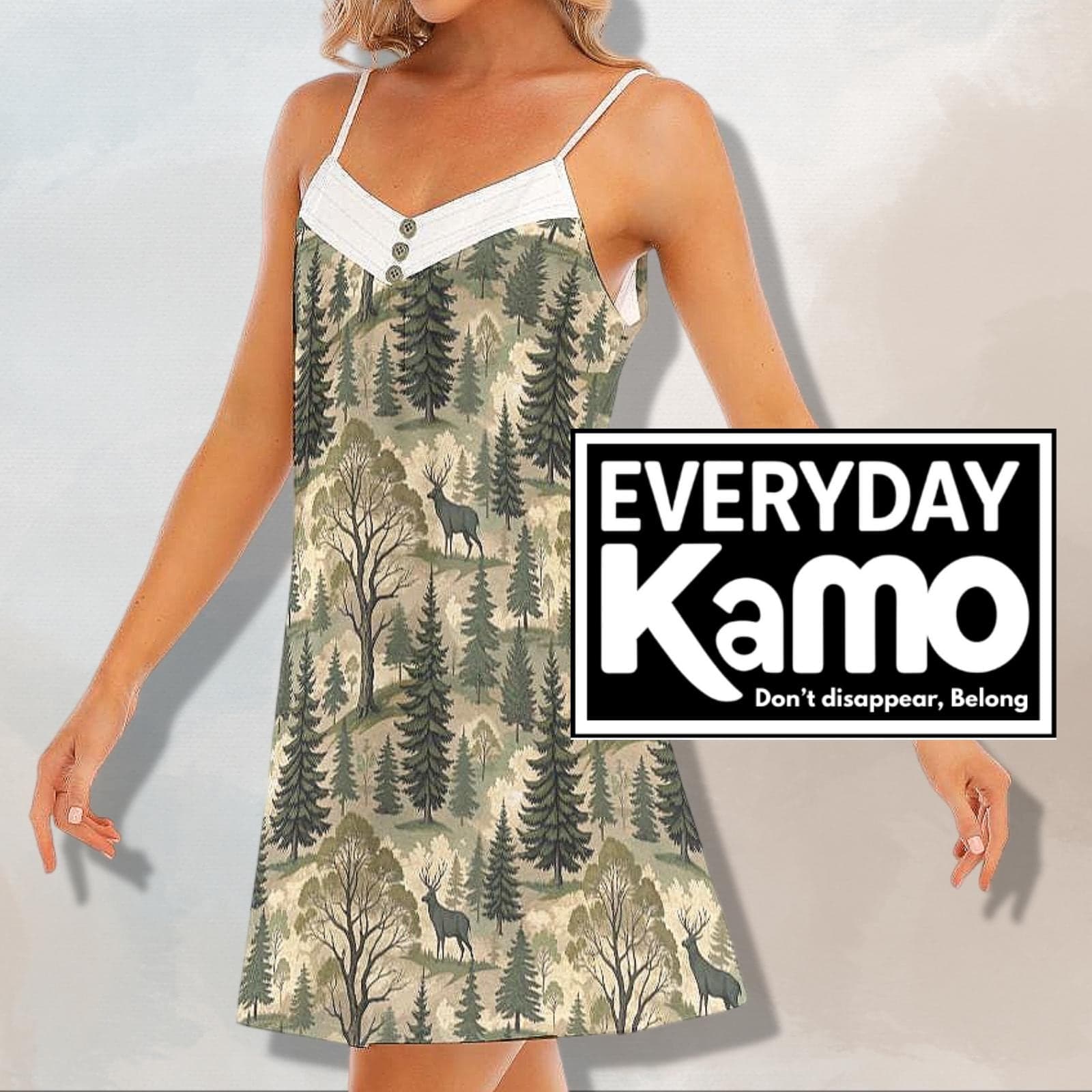 Everyday Kamo Forest Deer Cami Dress - Woodland Nature Print Slip Dress for Summer