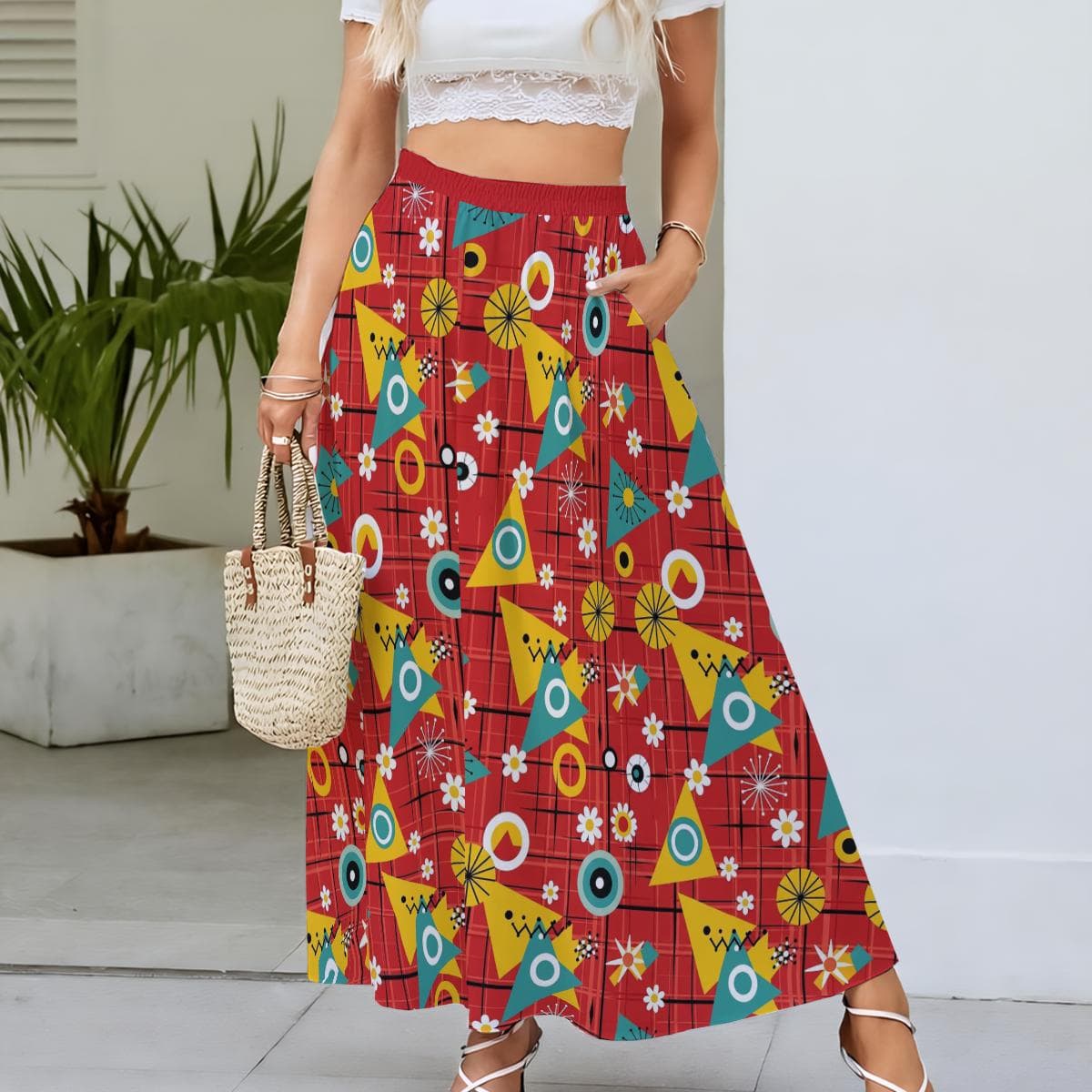 Red Geometric Maxi Skirt with Pockets | Retro Boho Elastic Waist