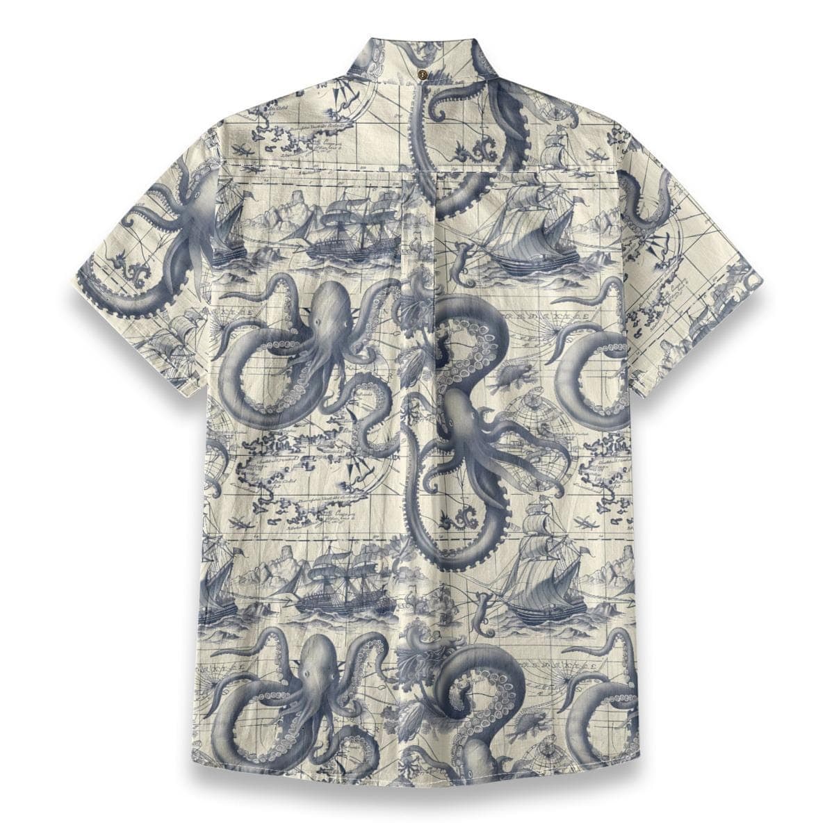 Men's Octopus Hawaiian Shirt, Vintage Nautical Map Slub Cotton Button-Up