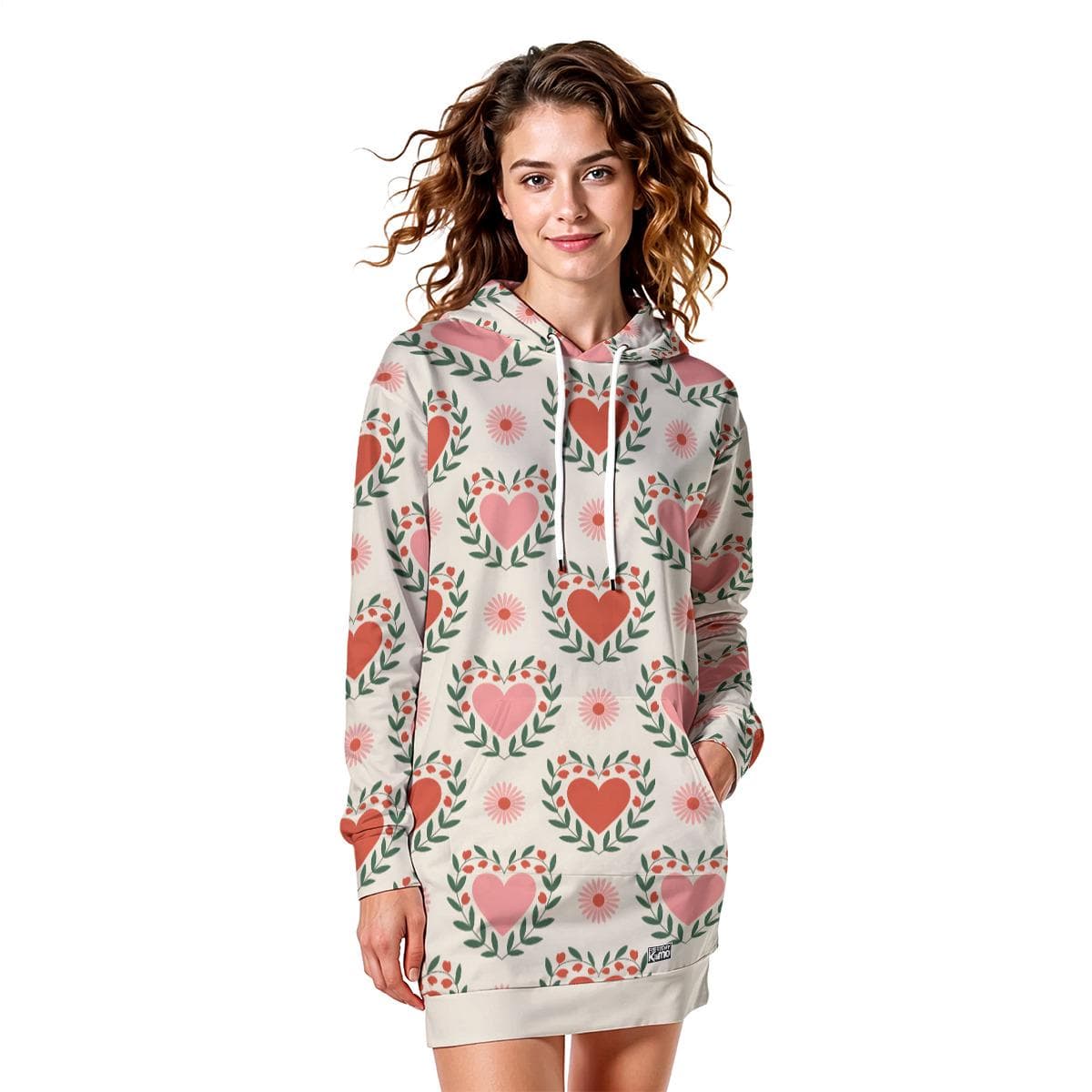 Cozy Floral Heart Hoodie Dress | Valentine's Love Pattern Tunic Sweatshirt