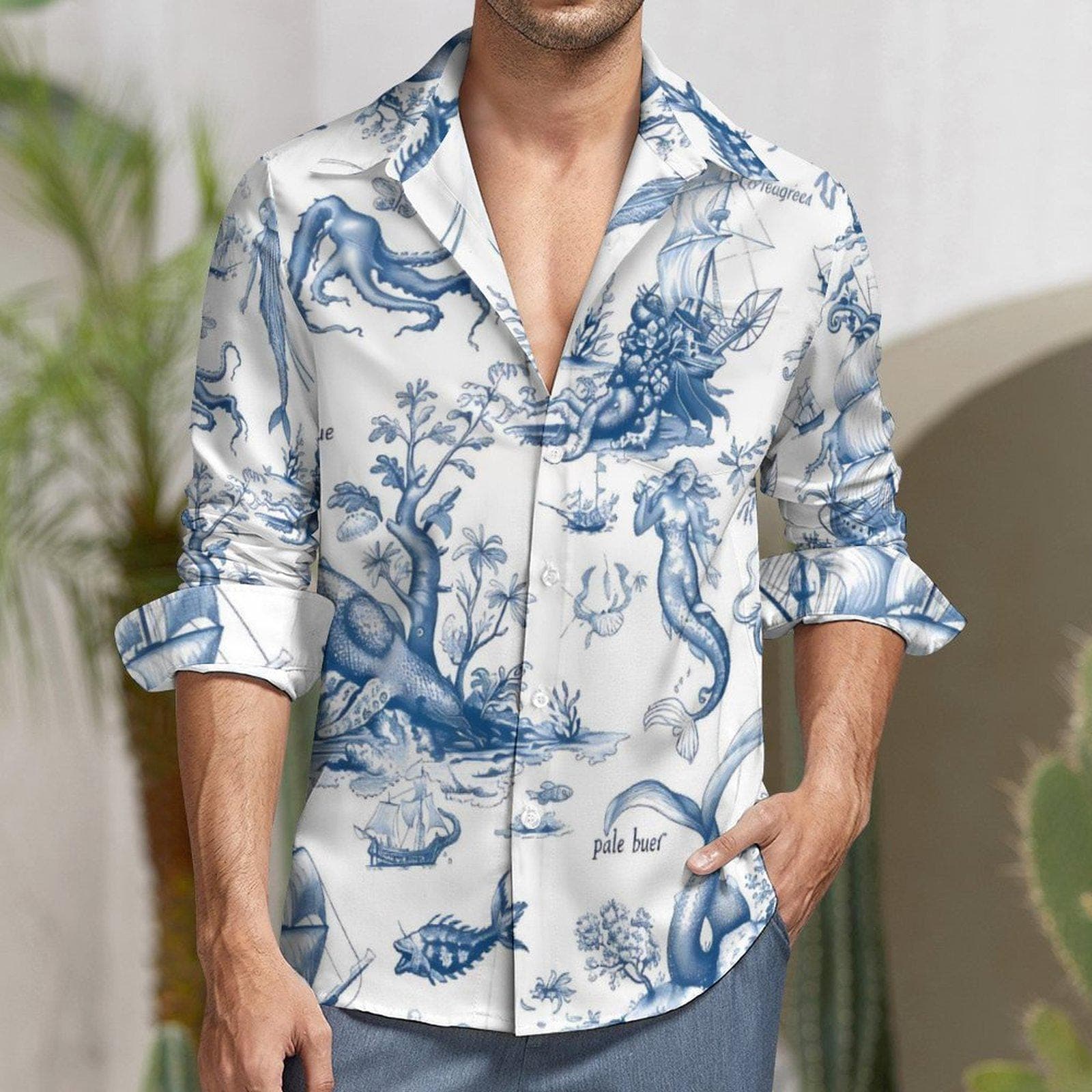 Men's Vintage Ocean Toile Long-Sleeve Shirt | Nautical Mythology Print V-Neck Button Up | Mermaids & Octopus Casual Top