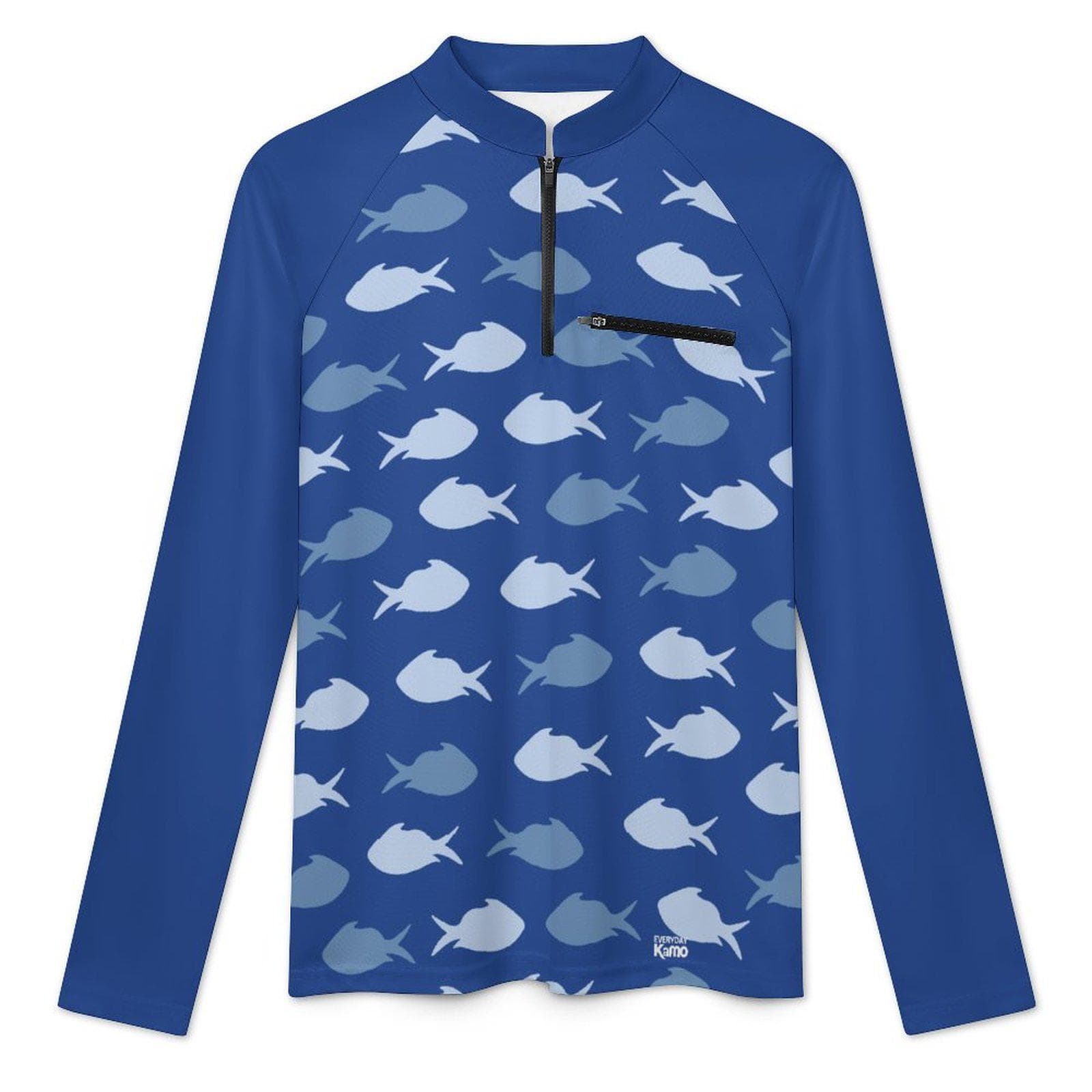 Men's Deep Blue Fish Pattern UV Protection Fishing Hoodie | Everyday Kamo Quarter-Zip Long Sleeve Fishing Shirt