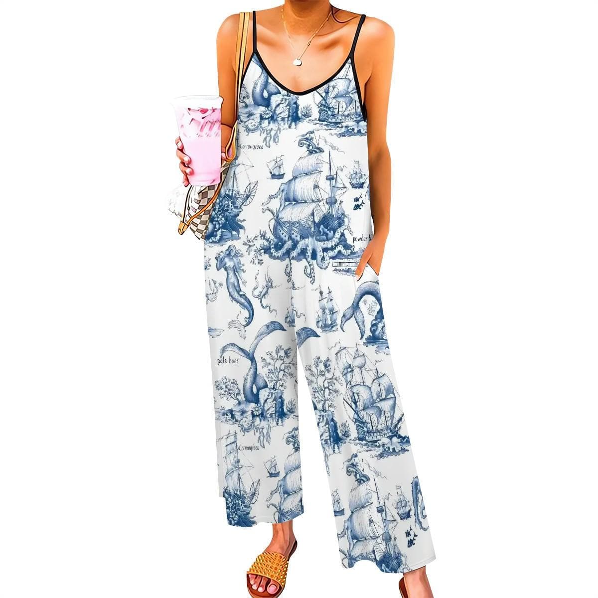 Nautical Toile Jumpsuit | Blue White Mermaid Ship Print Wide Leg Suspender Romper