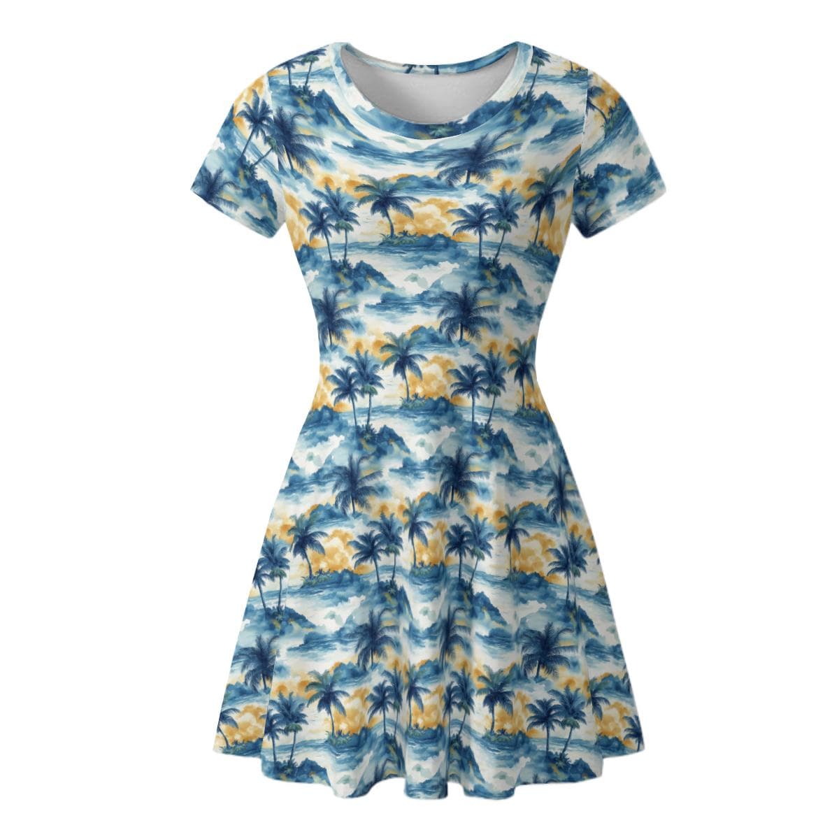 Tropical Palm Tree Summer Dress | Women's Hawaiian Flowy Mini Dress | Short Sleeve Vacation Beach Dress | Milk Silk Sun Dress