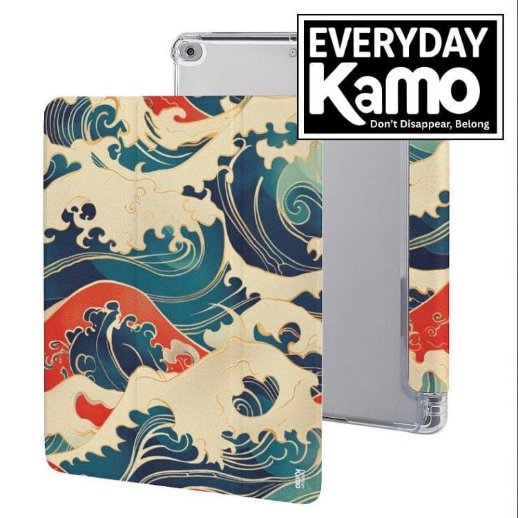 Japanese Wave iPad Case with Apple Pencil Holder | Hokusai Art Faux Leather Protective Tri-Fold Cover