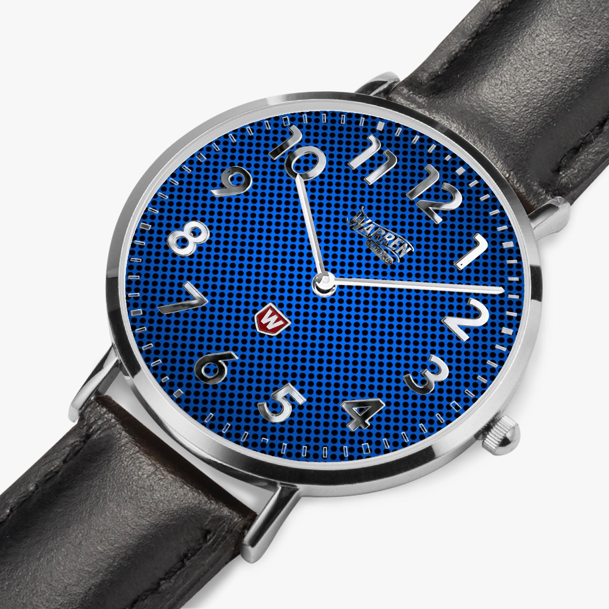 Ultra-Thin Unisex Quartz Watch - Blue Mesh Dial & Genuine Leather Band