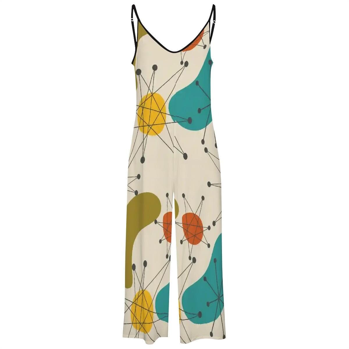 Mid-Century Atomic Print Wide Leg Jumpsuit | Comfy V-Neck Culotte Loungewear