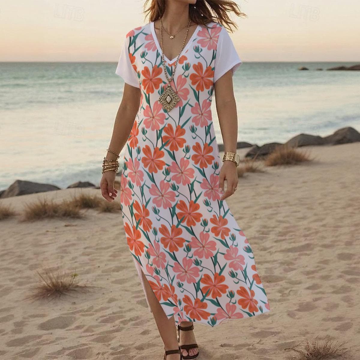 V-Neck Floral Midi Dress | Summer Beach Split Hem Sundress | Comfortable Jersey Short Sleeve Dress