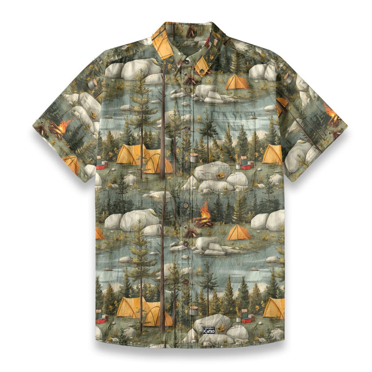 Men's Camping Scene Button Down Shirt | Slub Cotton Short Sleeve Top