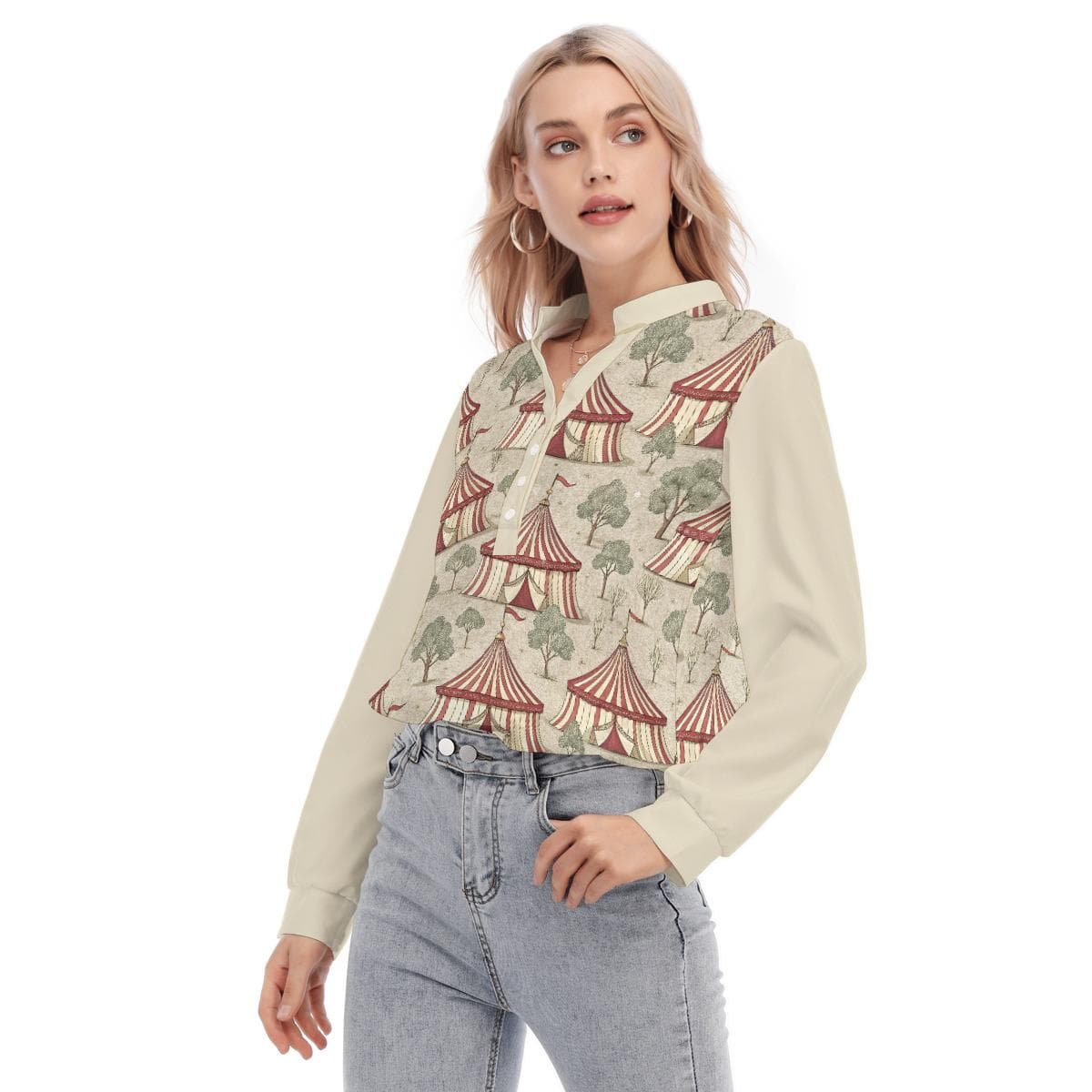 Whimsical Circus Tent Blouse | Vintage-Inspired Long Sleeve Button-Up Top | Unique Festival Everyday Tunic