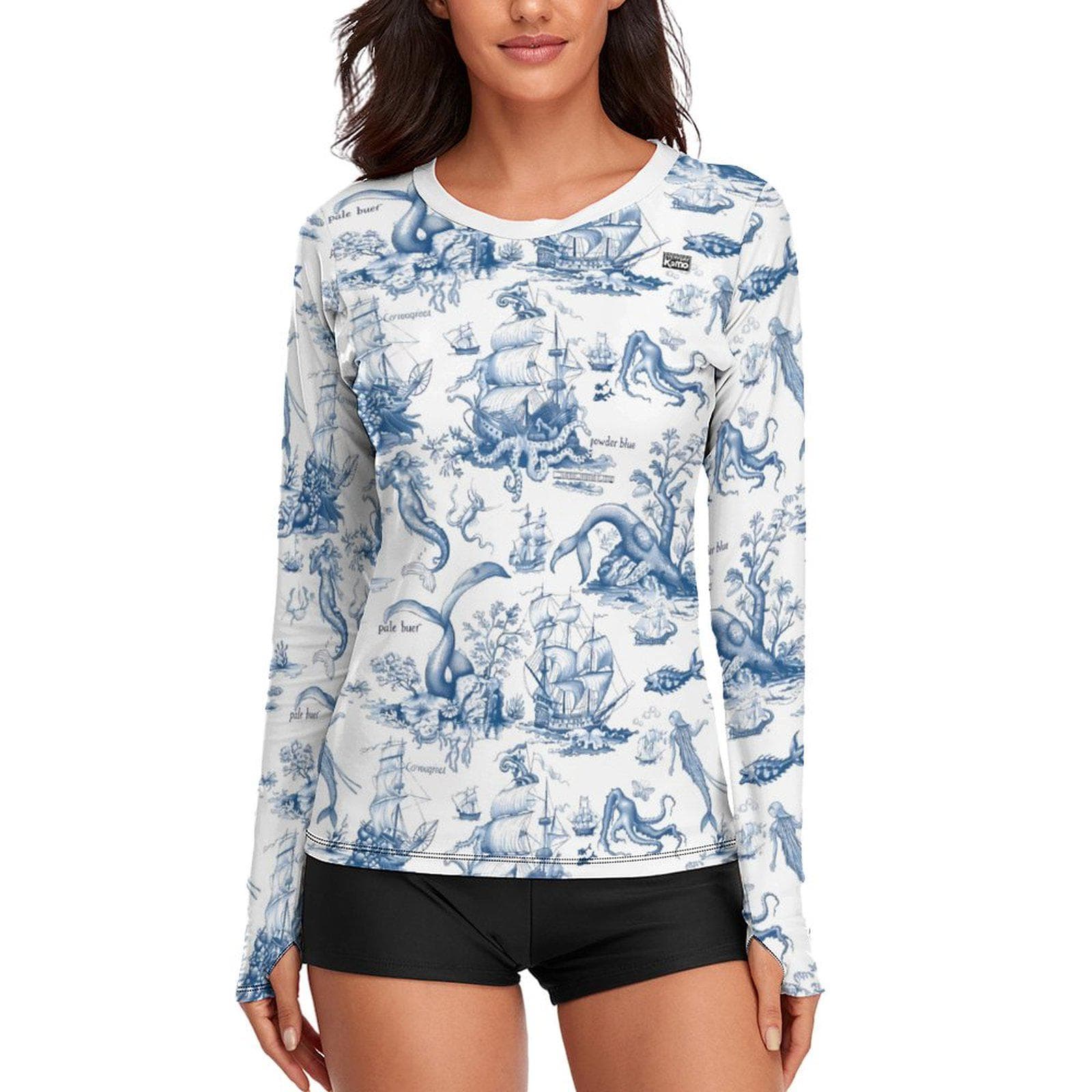 Women's Blue Toile Nautical UPF 40 Sun Protection Shirt | Mythical Sea Creatures & Ships | Quick Dry Ice Silk Rash Guard Tee