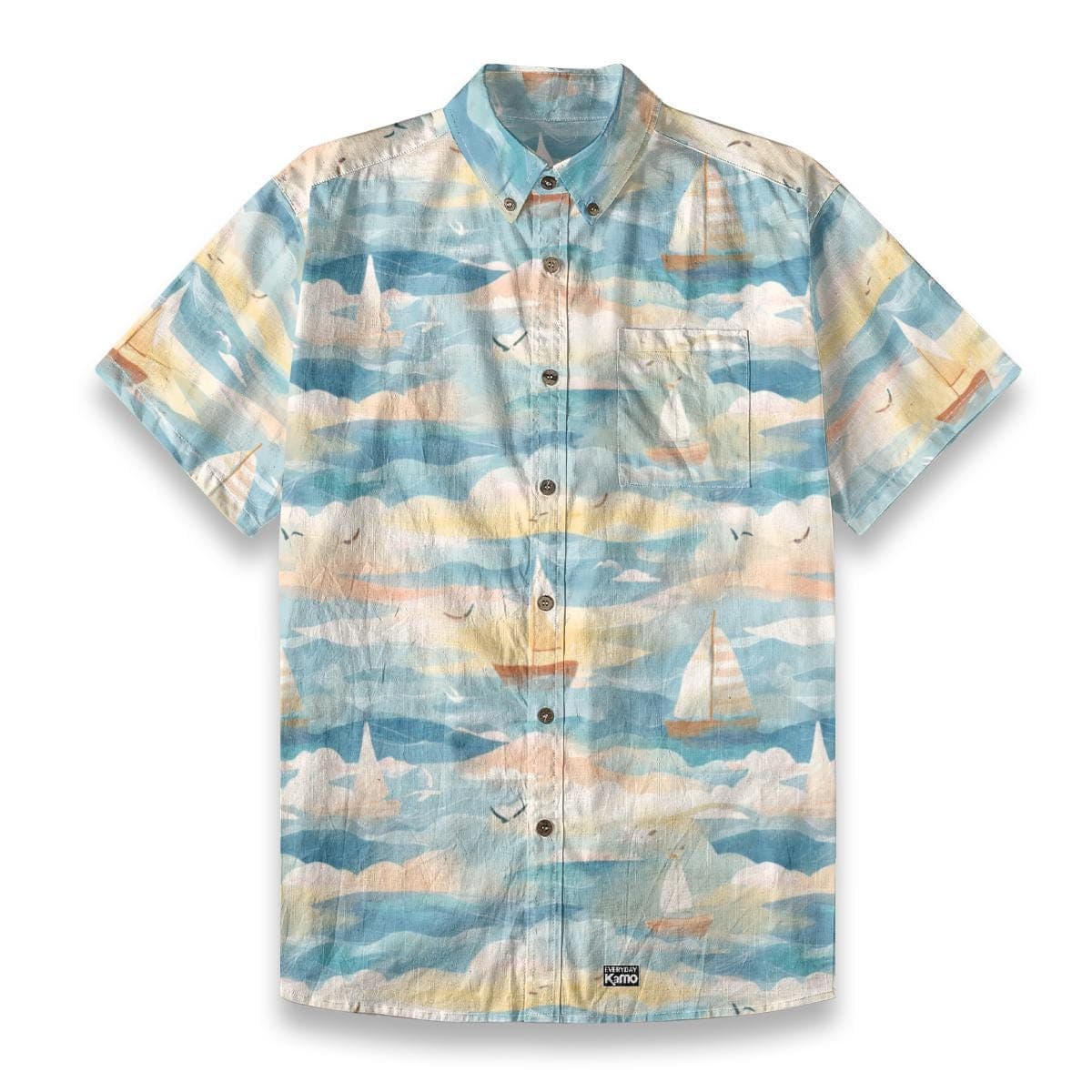 Nautical Sailboat Print Slub Cotton Shirt - Men's Short Sleeve Button Down Beach Top