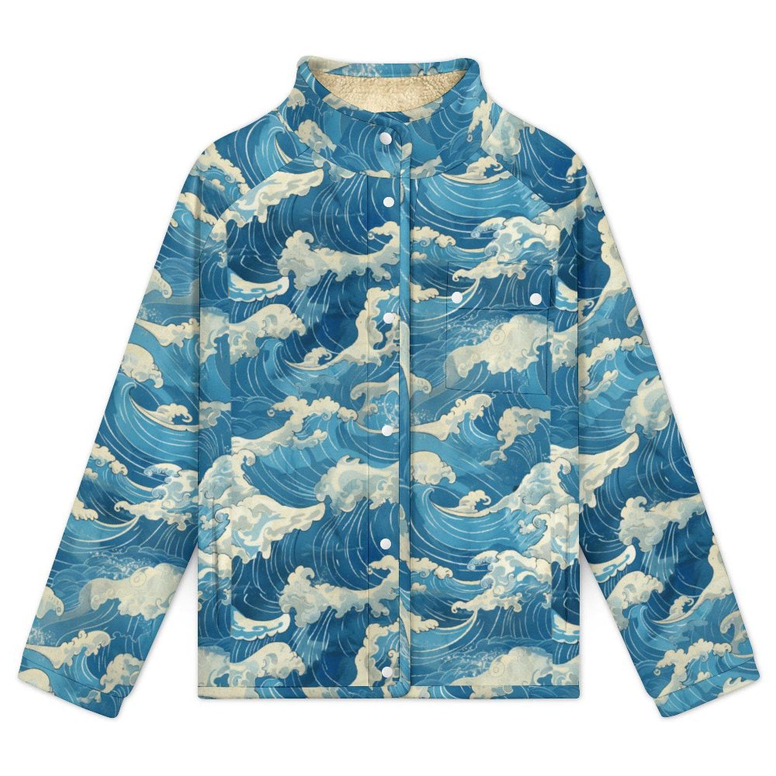 Coastal Wave Fleece Shacket | Sherpa Lined Stand-up Collar Jacket | Ocean Print Cozy Outerwear
