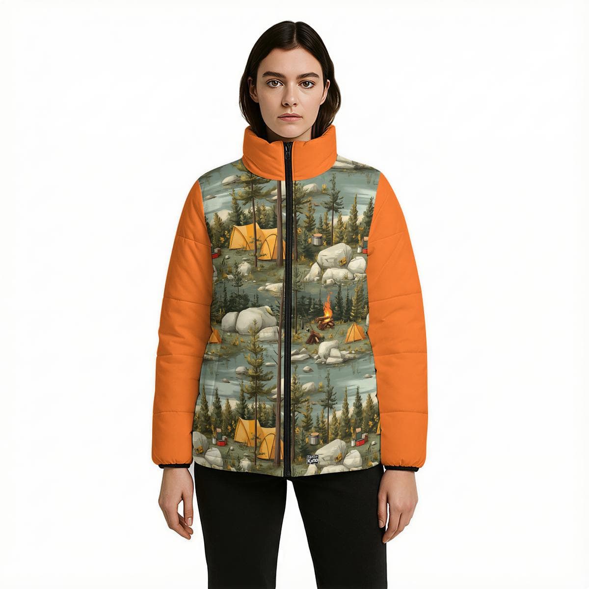 Forest Camping Puffer Jacket, Nature Scene Padded Coat, Outdoor Adventure Gear, Whimsical Campfire Print