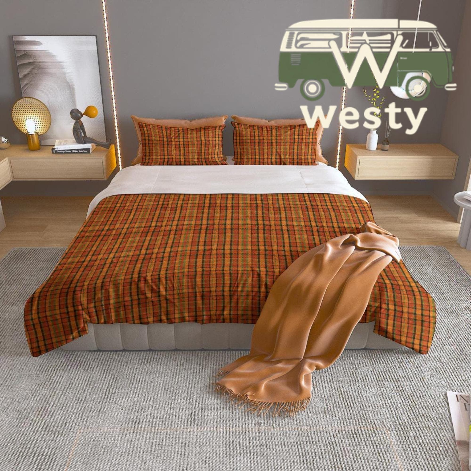 Orange Plaid Bedding Set Queen King Twin Polyester Machine Washable
