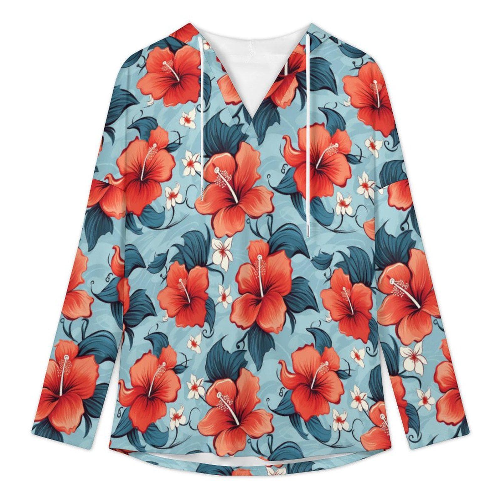 Women's Tropical Hibiscus V-Neck Hoodie | Floral Hawaiian Print Long Sleeve Pullover Tunic | Loose Fit Cozy Gabardine Sweatshirt