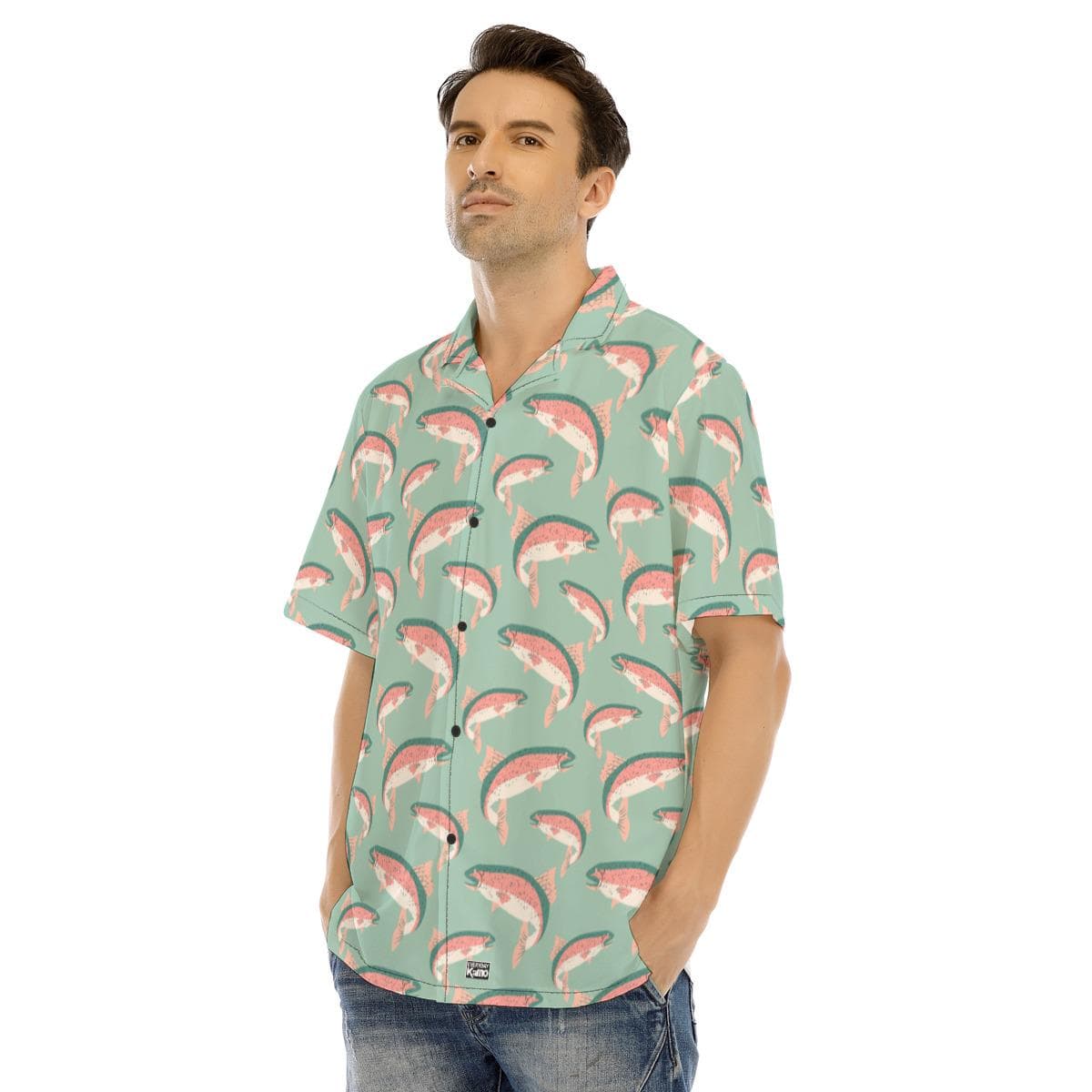 Men's Salmon Trout Hawaiian Shirt | Mint Green Fishing Aloha Shirt | Summer Short Sleeve Button Down | Angler Gift