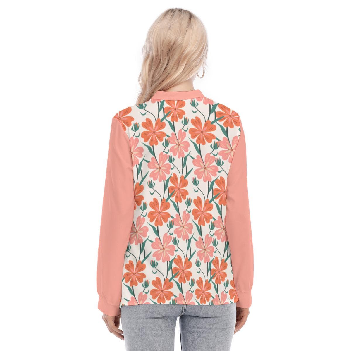 Peach Blossom Floral Blouse | Mandarin Collar, Stretch Fabric