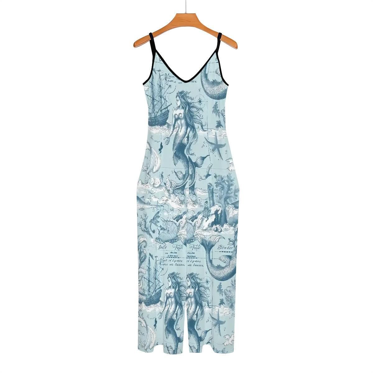 Mermaid Print Jumpsuit Light Blue Palazzo Romper Suspender Beach Outfit