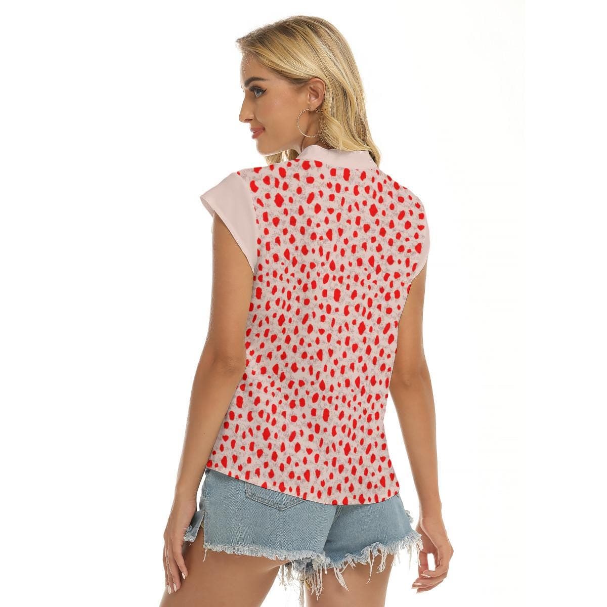 Chic Red Spot Print V-Neck Blouse | Women's Short Sleeve Top | Four-Way Stretch Comfort