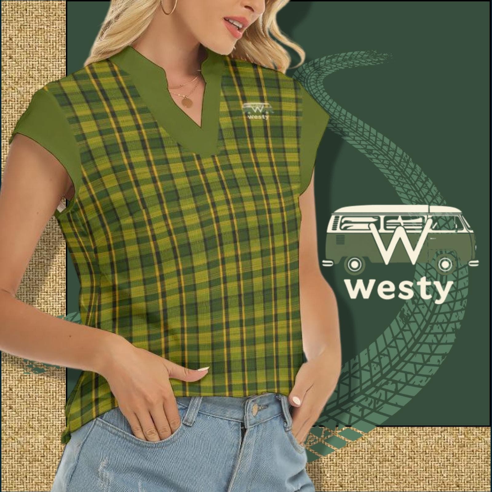 Westy Plaid V-Neck Top - Westfalia Camper Bus Road Trip Shirt