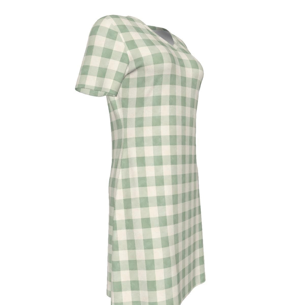 Green Gingham V-Neck Cotton Dress | Handmade Summer Mini | Breathable Eco-Friendly