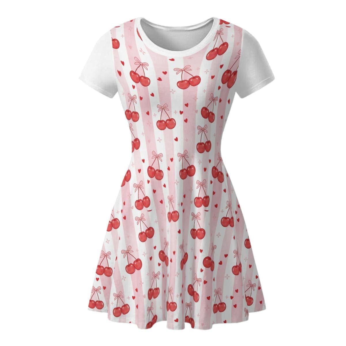 Sweet Cherry & Pink Stripe Summer Dress | Flowy Milk Silk Short Sleeve Women's Mini Dress | Cute Casual Everyday Sundress