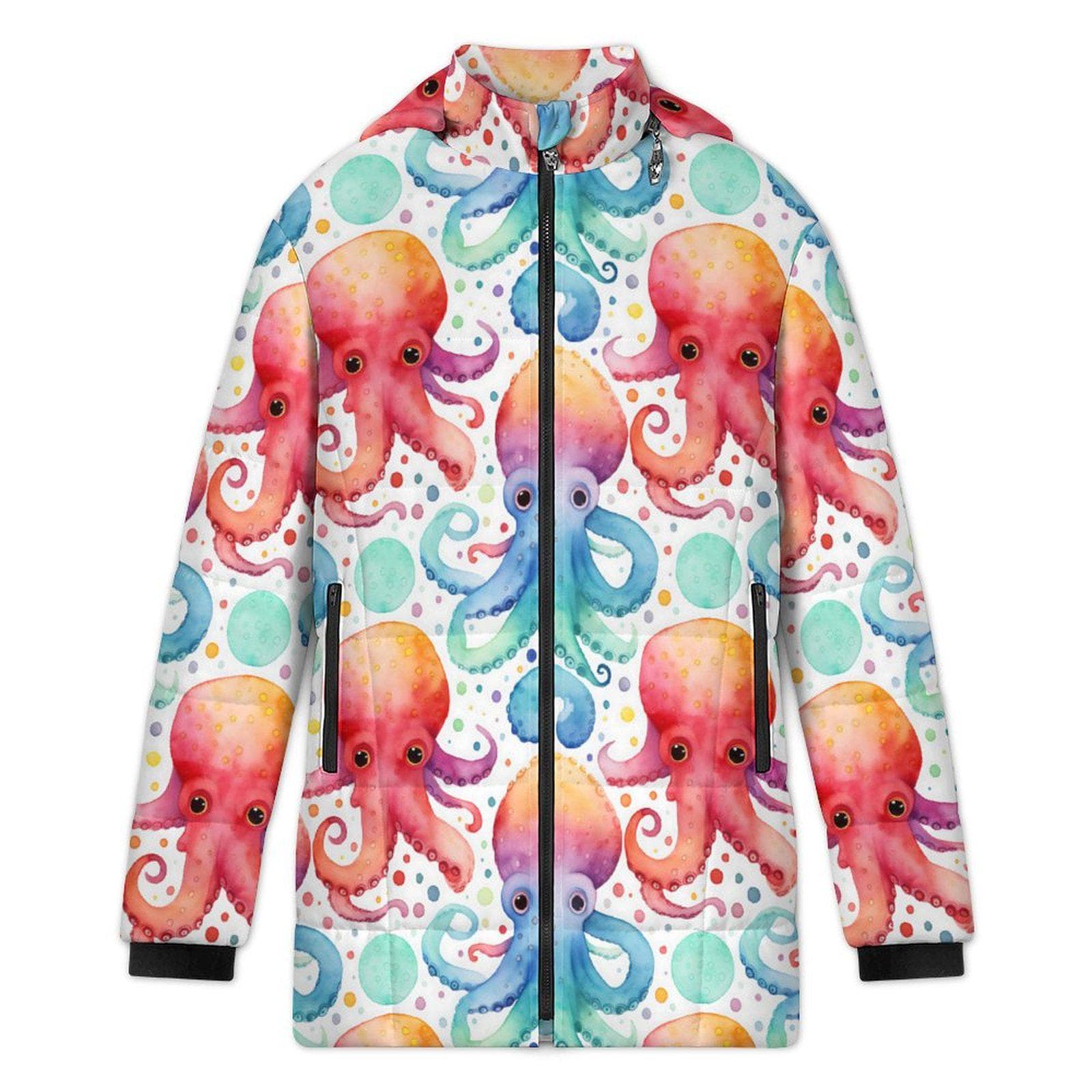 Vibrant Watercolor Octopus Puffer Jacket | Cozy Marine Life Full-Zip Outerwear | Removable Hood