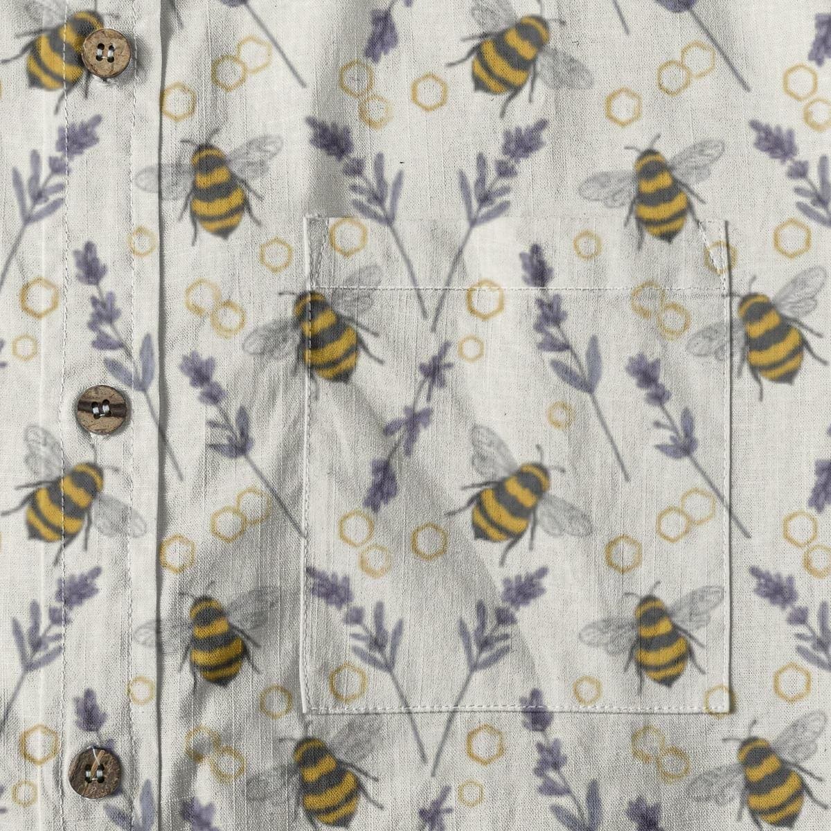 Whimsical Bee & Lavender Slub Cotton Shirt | Nature Print Button-Up | Breathable Summer Top