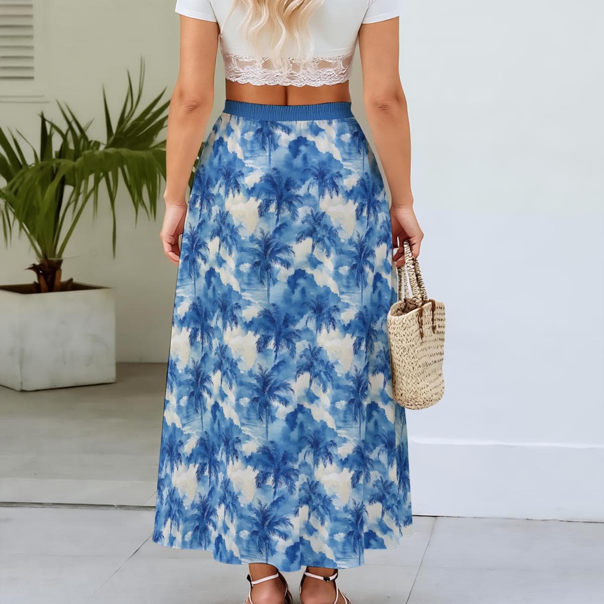 Blue Palm Tree Maxi Skirt | Elastic Waist Flowy Beach Skirt Pockets