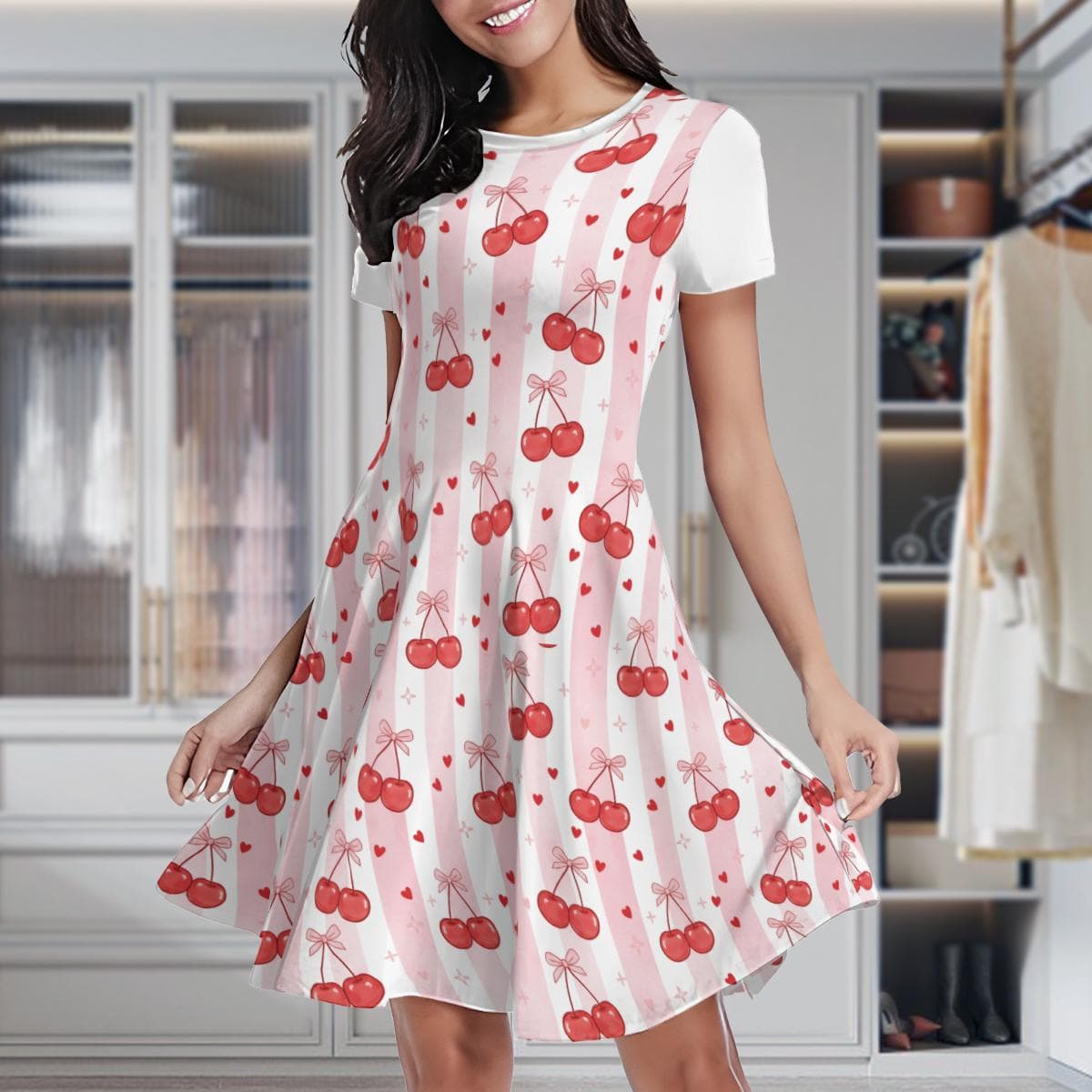 Sweet Cherry & Pink Stripe Summer Dress | Flowy Milk Silk Short Sleeve Women's Mini Dress | Cute Casual Everyday Sundress