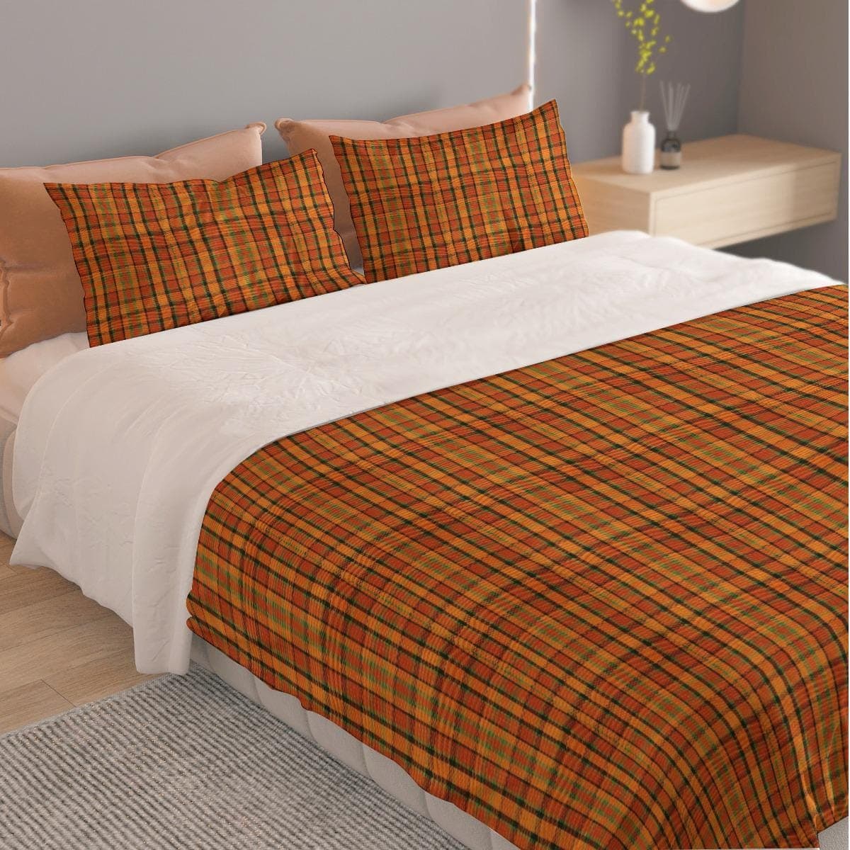 Orange Plaid Bedding Set Queen King Twin Polyester Machine Washable