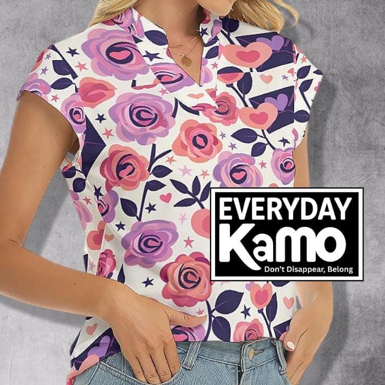 Romantic Floral Stacked V-Neck Top | Pink Rose & Heart Print Blouse | Everyday Charming Women's Tee