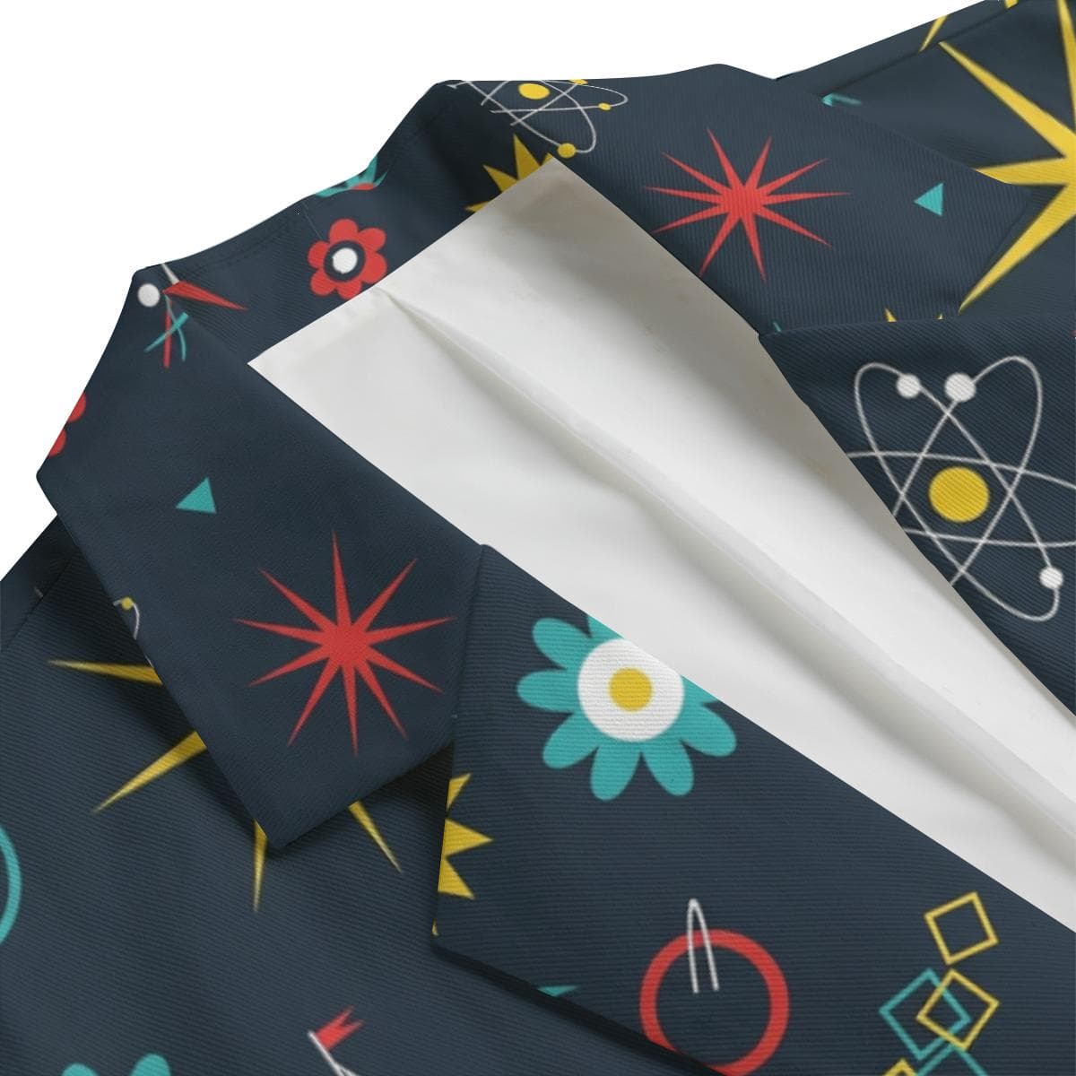 Unique Atomic Retro Blazer, Men's Funky Print Cotton Jacket, Science & Sailor Design Casual Blazer, Boho Flat Lapel Lightweight