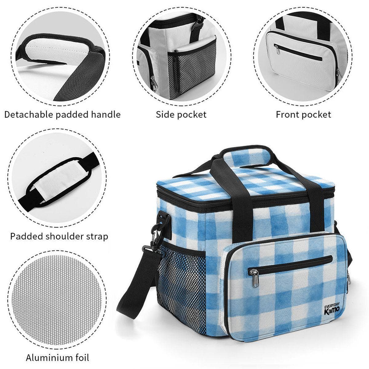 Blue Gingham Insulated Cooler Bag | Leakproof Lunch Tote | Oxford Fabric