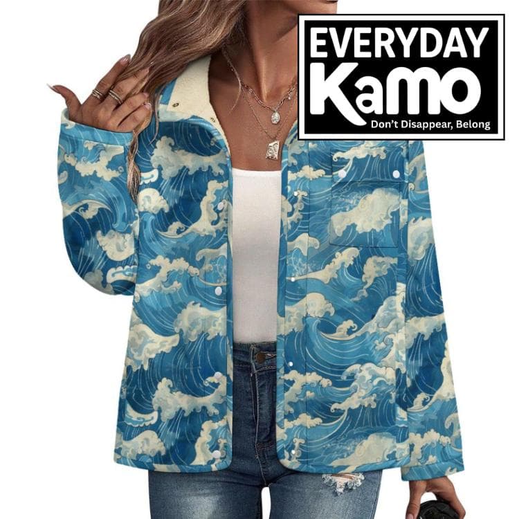 Coastal Wave Fleece Shacket | Sherpa Lined Stand-up Collar Jacket | Ocean Print Cozy Outerwear