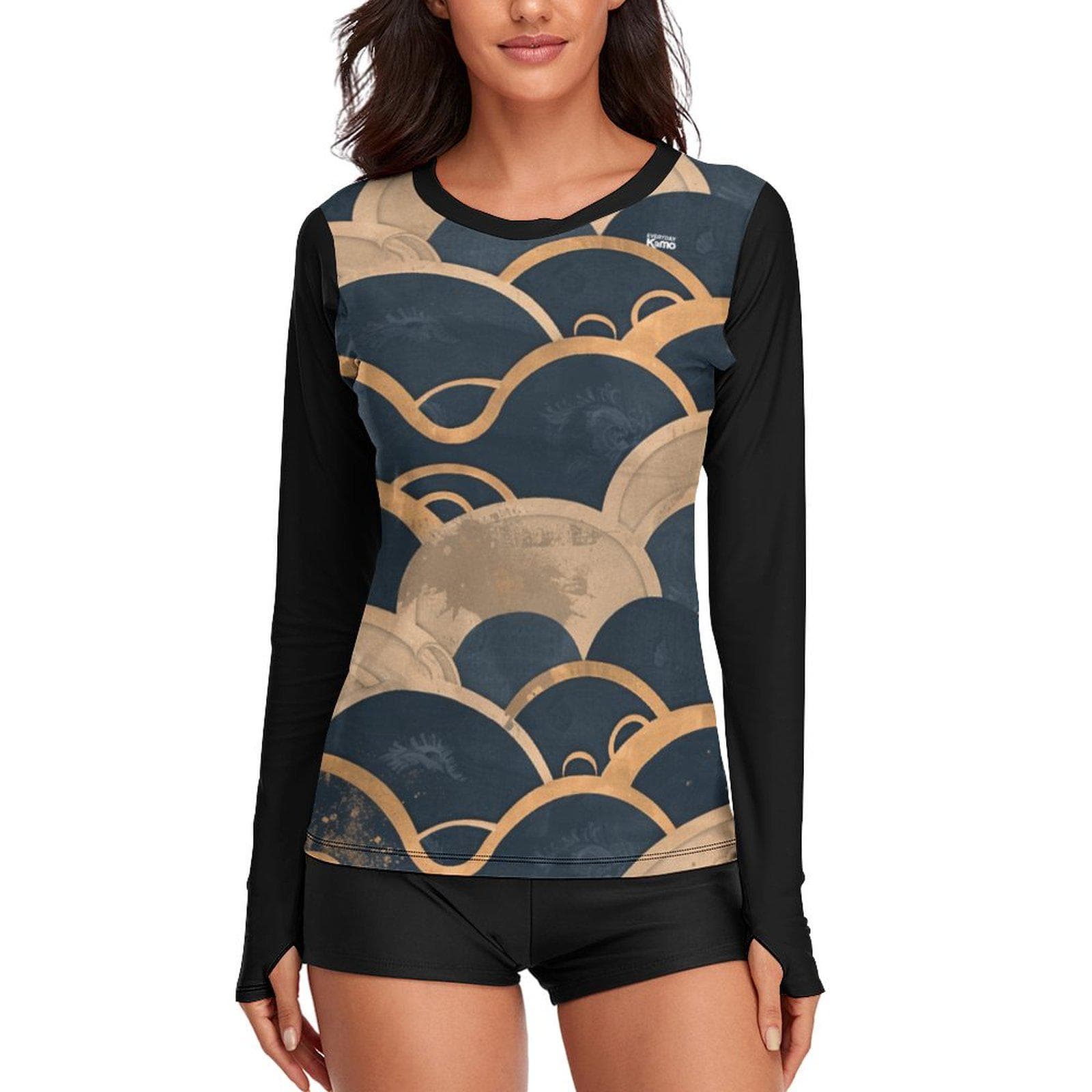 Everyday Kamo Women's UPF 40 Sun Protection Shirt | Japanese Wave Print Long Sleeve Rash Guard | Quick Dry Cooling Outdoor Top