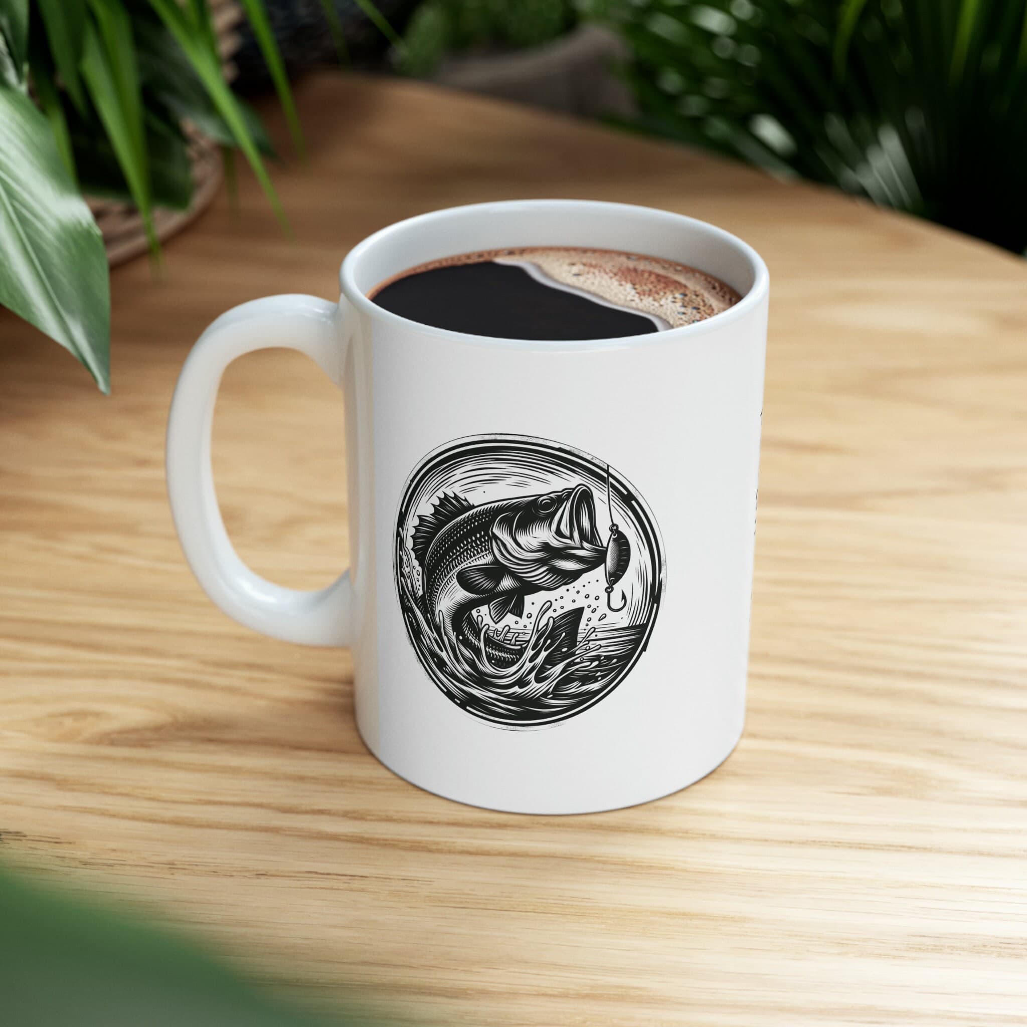 Fishing Ceramic Mug 11oz Bass Woodcut Art Coffee Cup Angler Gift