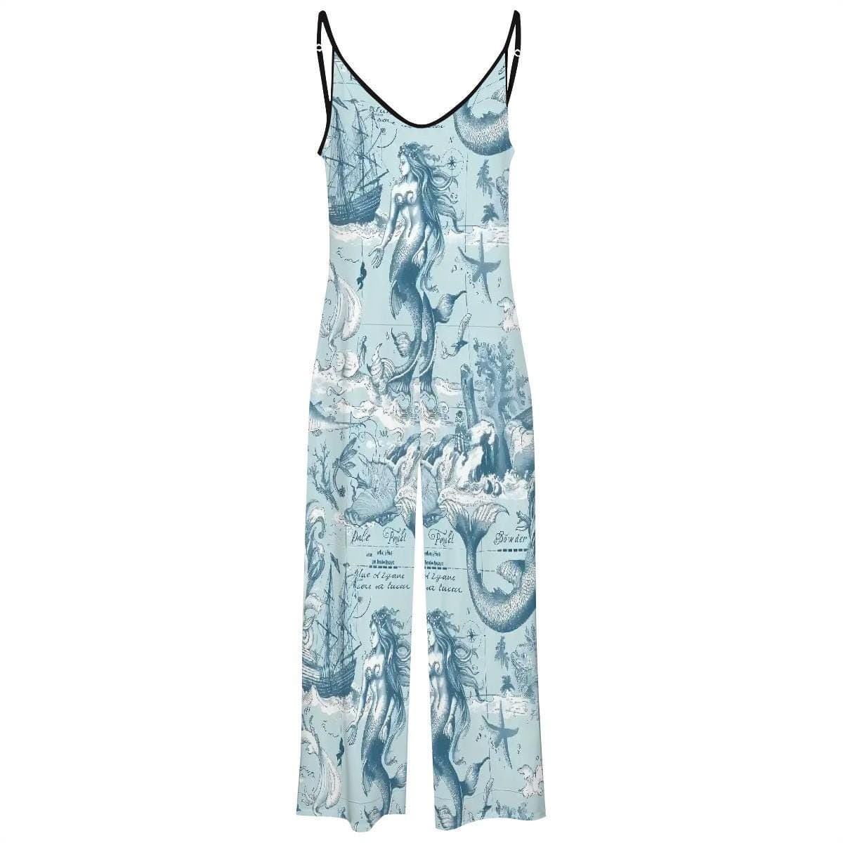Mermaid Print Jumpsuit Light Blue Palazzo Romper Suspender Beach Outfit