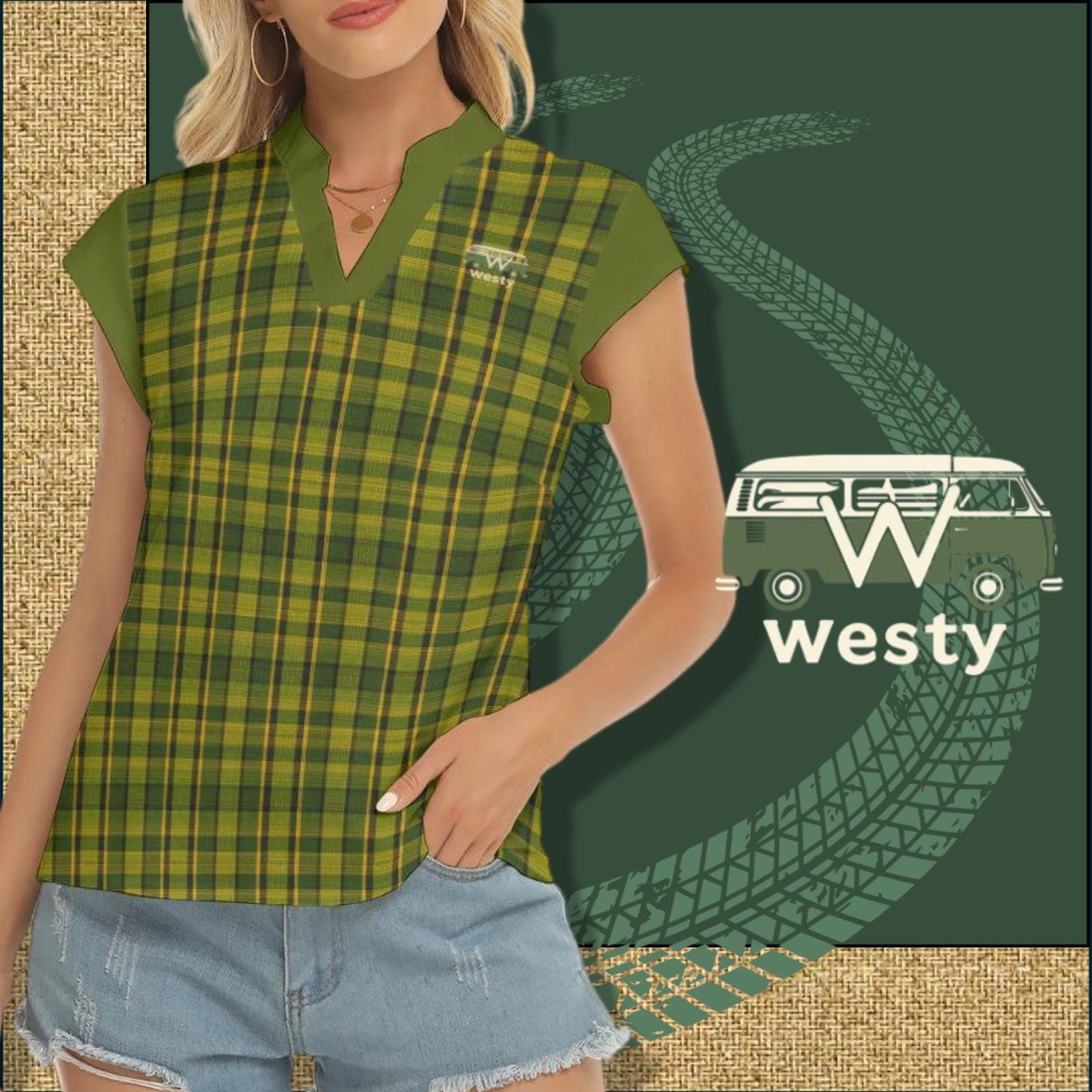Westy Plaid V-Neck Top - Westfalia Camper Bus Road Trip Shirt