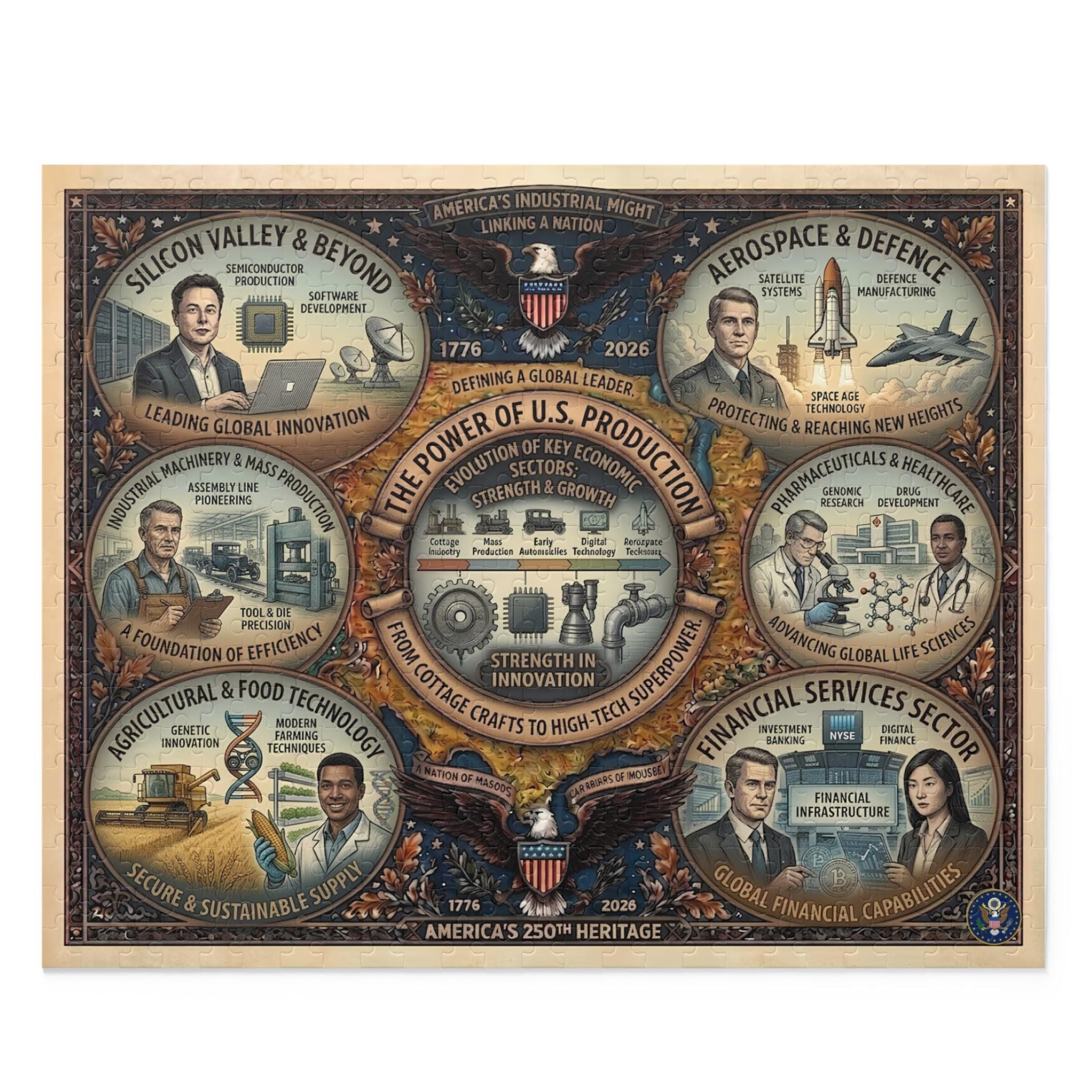 USA 250th Anniversary Illustrated Puzzle | 252/500 Piece Chipboard | Handcrafted