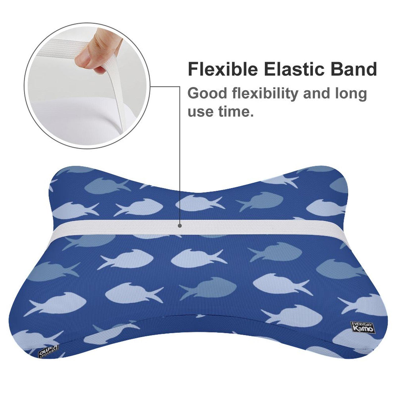 Everyday Kamo Deep Dive Car Headrest Pillow | Memory Foam Neck Support with Blue Fish Pattern | Coastal Driving Comfort